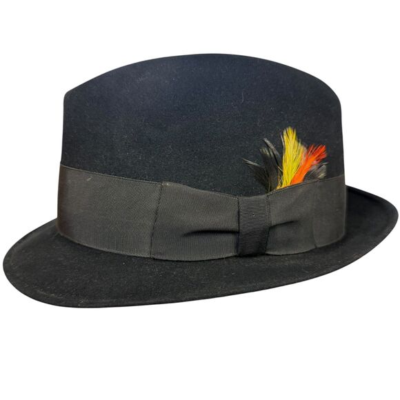 Stetson Mens Saxon Fur Felt Fedora Hat 3X Beaver Black 7 1/4 Yellow Red Feather - Picture 1 of 13